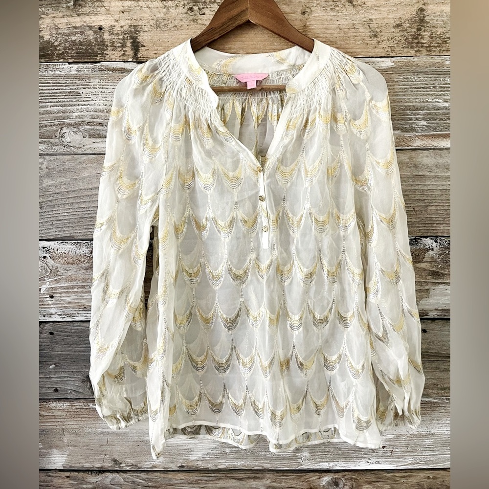 Lilly Pulitzer Gold and White Ruffled Blouse with Mandarin Collar